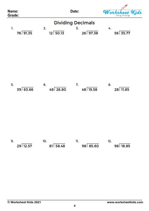 Dividing Decimals With Whole Numbers Worksheet Worksheets For