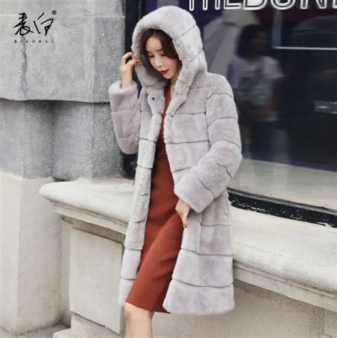 real genuine natural full pelt whole skin rabbit fur coat with hood women fashion jacket ladies