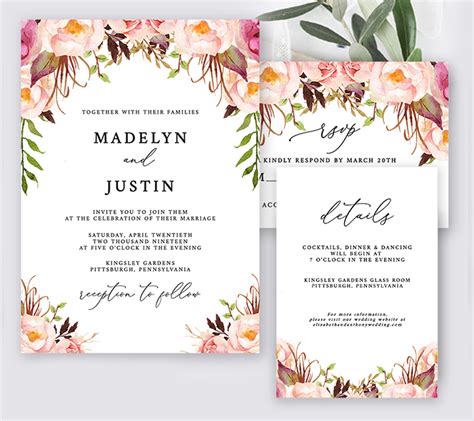 Free Wedding Invitation Template Watercolor Flowers Editable