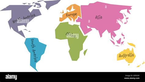 Simplified World Map Divided To Six Continents South America North