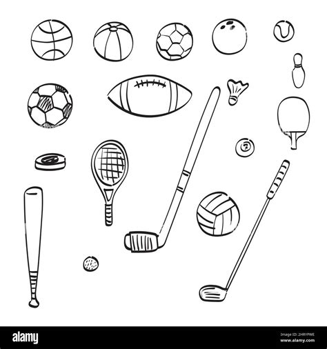 Line Art Set Of Sport Equipment Illustration Vector Hand Drawn Isolated