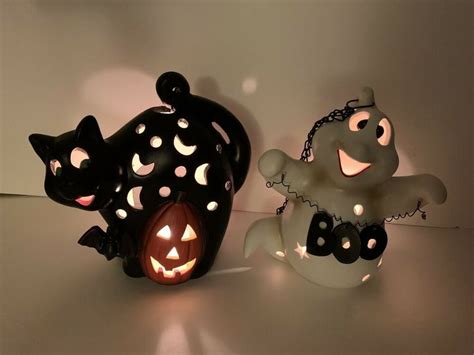 Halloween Luminary 8 Ceramic Black Cat Ghost Set 2002 Jcpenney Home