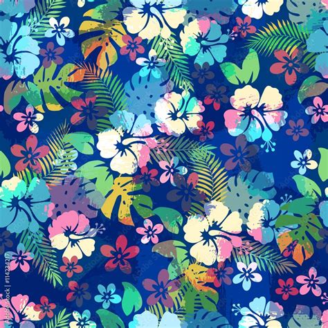 Hawaiian Tropical Floral Seamless Pattern With Hibiscus Flowers Stock