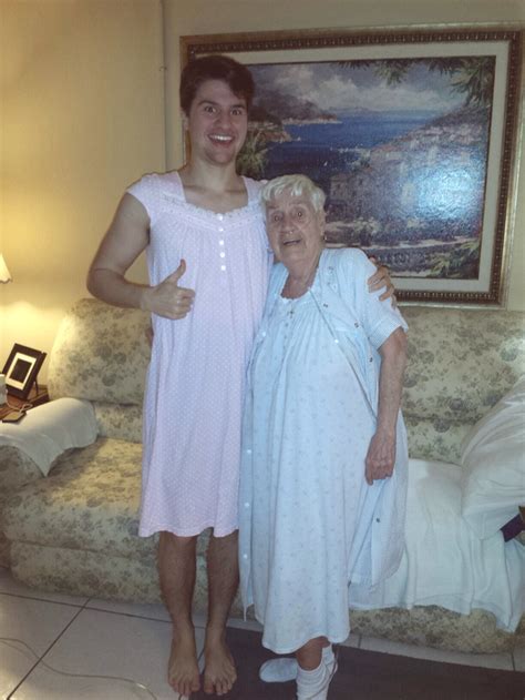 Goofy Grandson Makes Granny Giggle By Wearing One Of Her Nightgowns