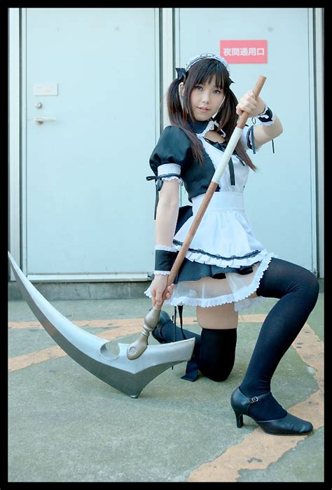 Safebooru Airi Apron Cosplay Maid Maid Uniform Queens Blade Ribbons Scythe Thigh Highs