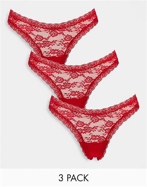 Lindex Dana Lace High Leg Thong 3 Pack In Red Asos