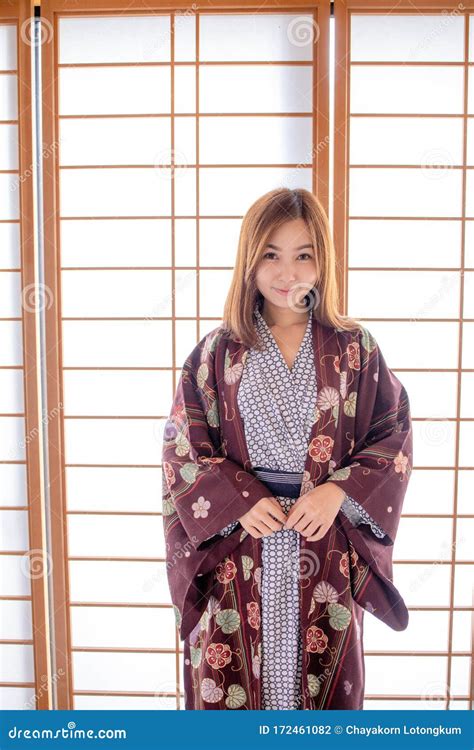 Lovely Asian Girl Wearing Yukata Japanese Stock Photo Image Of Copy