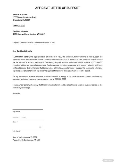 Sample Letter Of Affidavit Of Support