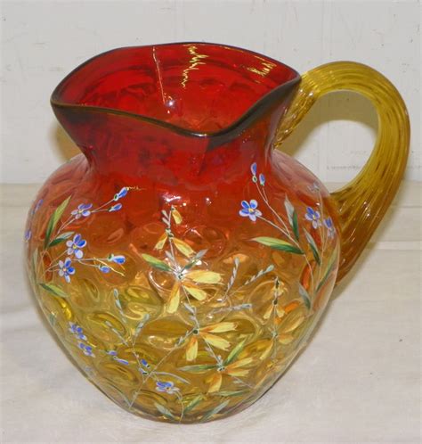Bargain John S Antiques Antique Amberina Art Glass Pitcher Enameled Floral Design Bargain