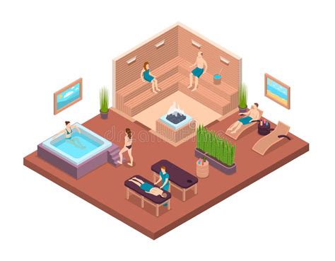 Characters People Relaxing Sauna Interior With Furniture Isometric View Vector Stock Vector