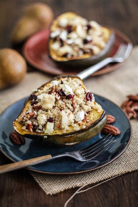 Quinoa Stuffed Acorn Squash With Pears Pecans Dried Cranberries Feta
