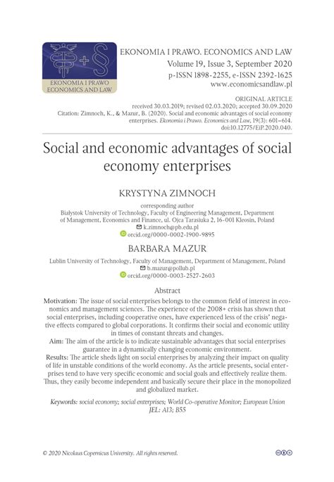 Pdf Social And Economic Advantages Of Social Economy Enterprises