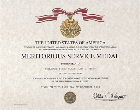 Military Meritorious Service Medal Certificate