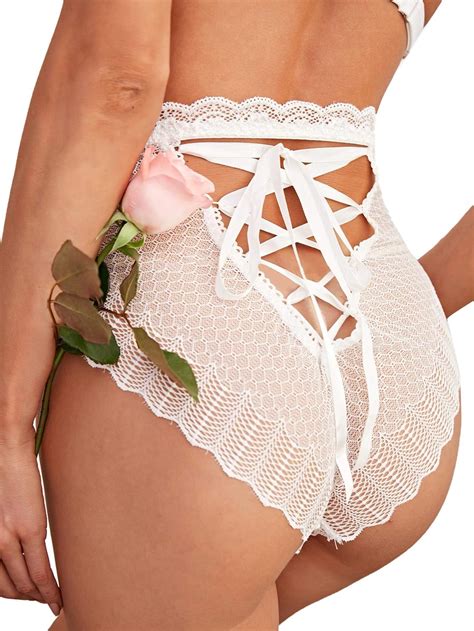 Shein Womens Floral Sheer Lace High Waist Panties Lace Up Back