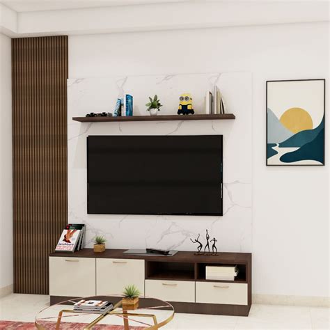 Contemporary Compact Tv Unit Design With Wood And White Decor Livspace