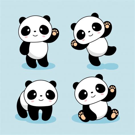 Dessin animé mignon bébé ours chinois agitant bonjour, tenant un coeur ou un cadeau, suspendu à une tige de bambou, dansant et s'amusant. Animaux De Dessin Animé Mignon Bébé Panda | Vecteur Premium