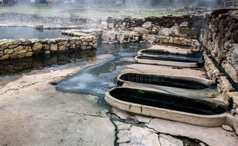 Natural Roman Baths Outdoors With Hot Steam And Thermal Water Stock
