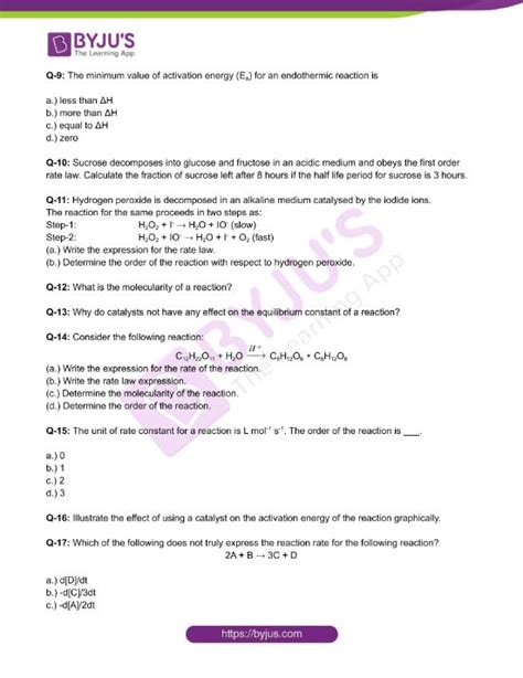 Class 12 Chemistry Worksheet On Chapter 4 Chemical Kinetics Set 3 Worksheets Library