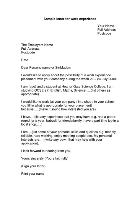 cover letter  work experience placement printable