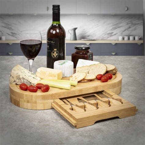 Large Oval Cheese Board Set With Integrated Drawer And 4 Cheese Knives