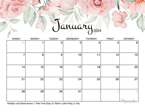 January 2024 Calendar Printable Landscape Pretty Coral Dierdre