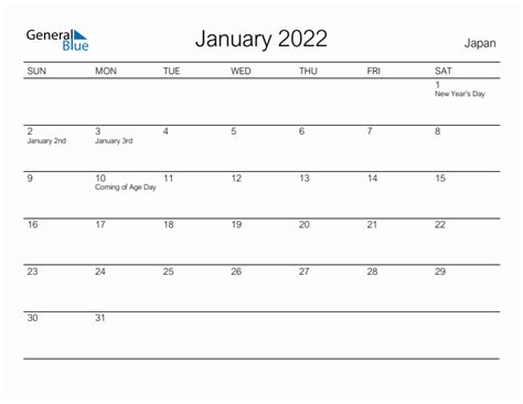 January 2022 Monthly Calendar With Japan Holidays