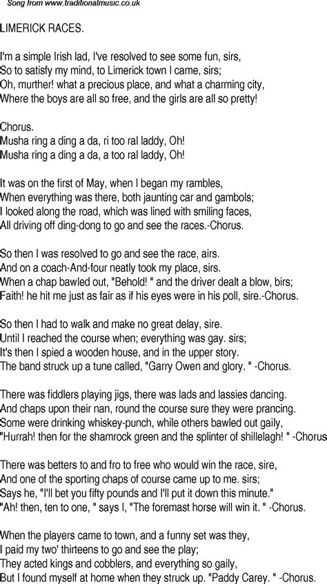 Old Time Song Lyrics for 18 Limerick Races
