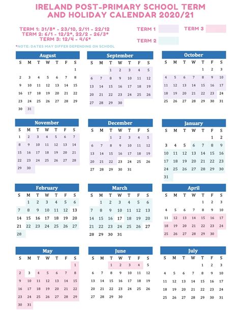 School Term Dates And Holidays Ireland 20202021 Printable Calendars