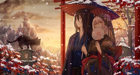 Download 1080x2248 Anime Couple Snow Umbrella Torii Scenic
