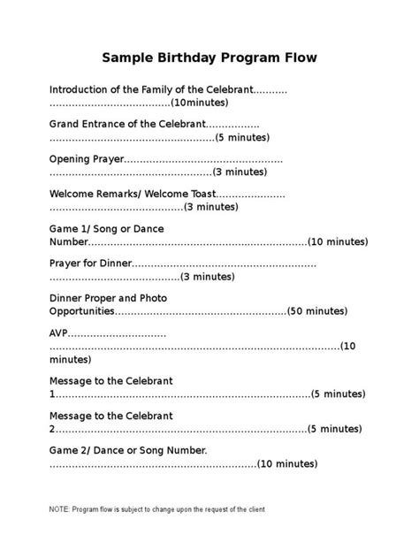 A Basic Program For A Birthday Party Party Agenda Birthday Party