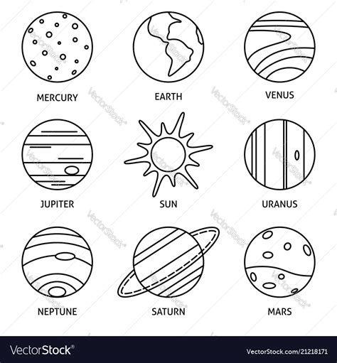 Solar System Planets Icon Set In Thin Line Style Vector Image