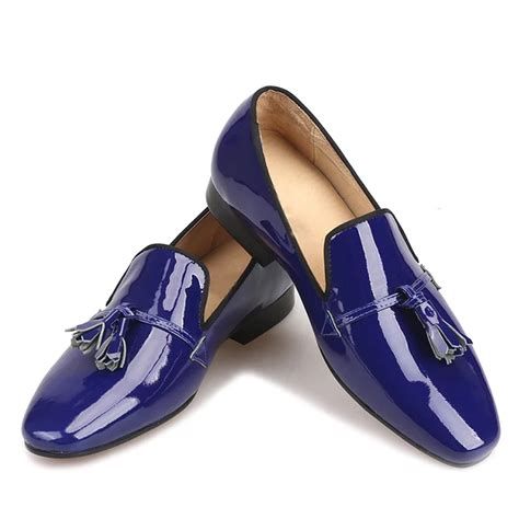 2018 New Designs Royal Blue Patent Leather Men Tassel Shoes Fashion