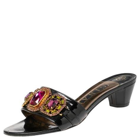 Gina Black Patent Leather Crystal Embellished Slides Sandals Size 38 Gina The Luxury Closet