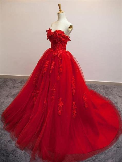 Sweetheart Red Appliques Tulle Prom Dresses Gorgeous Ball Gown