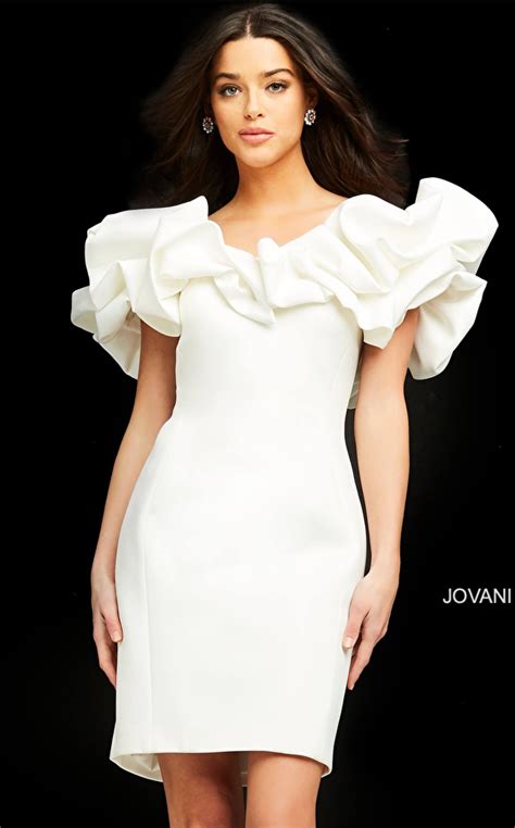 Jovani 04367 White Ruffle Neckline Bodycon Cocktail Dress