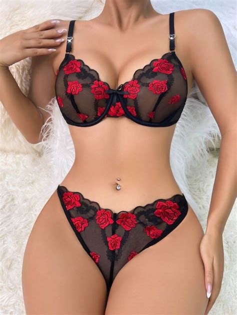floral embroidery mesh underwire lingerie set shein usa