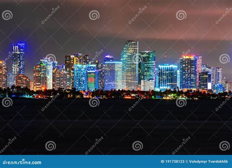 Skyline City Miami Lighting Lights Sea Ocean Sunset Night Cityscape