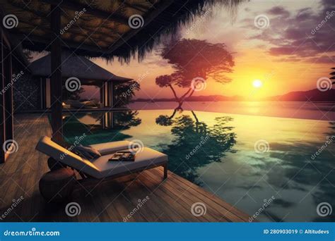 Pool With Sun Lounger And View Of The Sunset In Tropical Getaway Stock