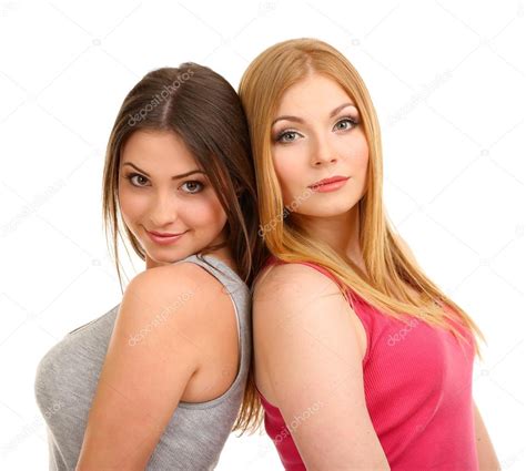 Two Girl Friends Hugging Isolated On White Stock Photo By ©belchonock