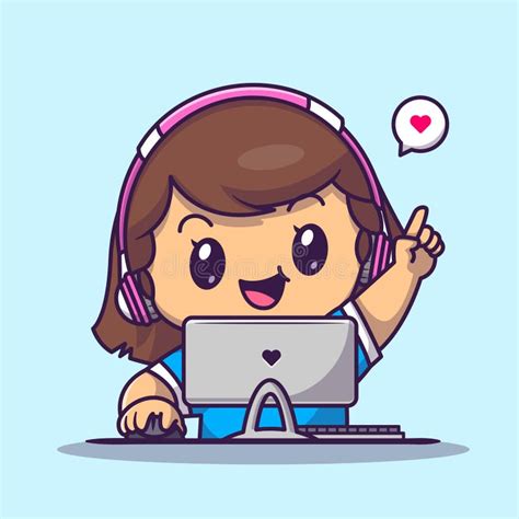 Cute Gamer Girl Playing Computer Cartoon Vector Icon Illustration