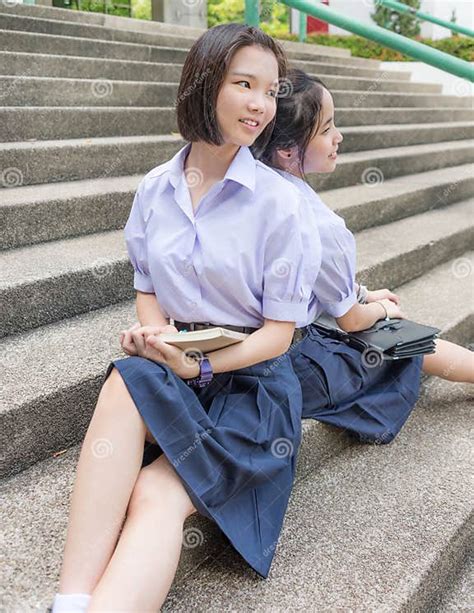 Cute Asian Thai High Schoolgirls Student Couple In School Stock Image