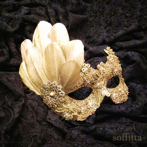 Sequined Gold Masquerade Mask With Rhinestones And Feathers Etsy