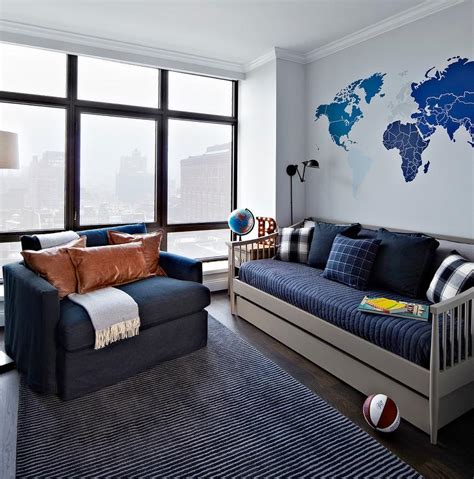 Homemydesign • march 21, 2020 • no comments •. Blue and Gray Boys Room with Gray Spindle Daybed ...