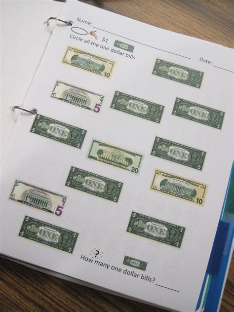 Identifying Dollar Bills Worksheets