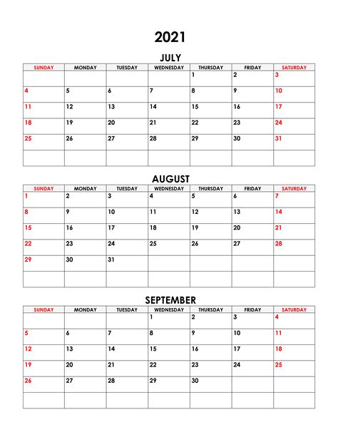 July August And September 2021 Calendar July August And September