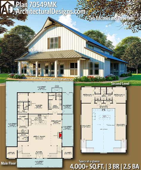 3 Bedroom Barndominium Inspired Country House Plan With Two Balconies
