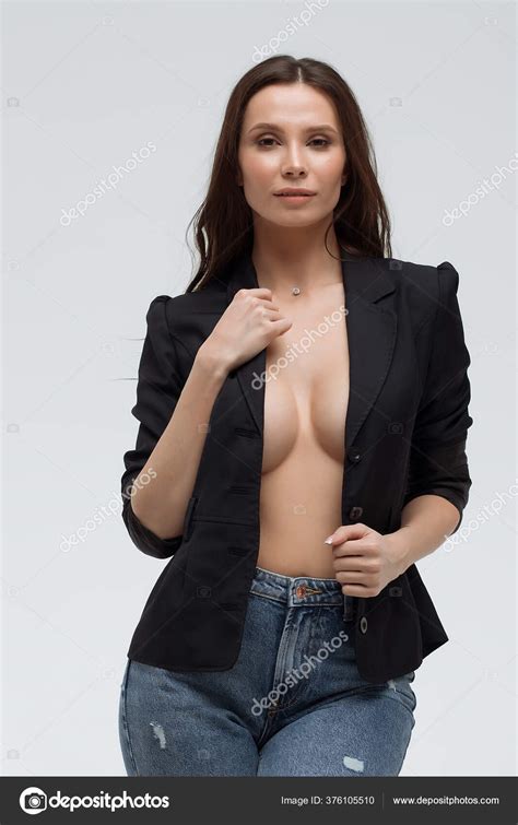 Long Haired Relaxed Brunette Woman Naked Breast Black Suit Provocatively Stock Photo By