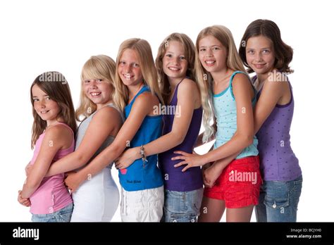 Six Girls Of 10 Years Old In A Row Stock Photo Royalty Free Image