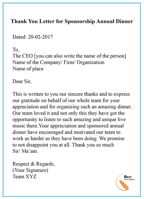 Thank You Letter Template For Sponsorship Sample And Examples