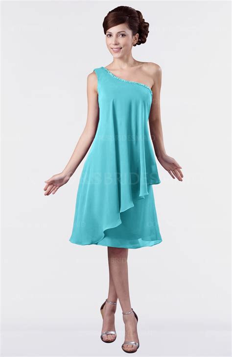 Turquoise Cute One Shoulder Zipper Knee Length Rhinestone Plus Size Bridesmaid Dresses